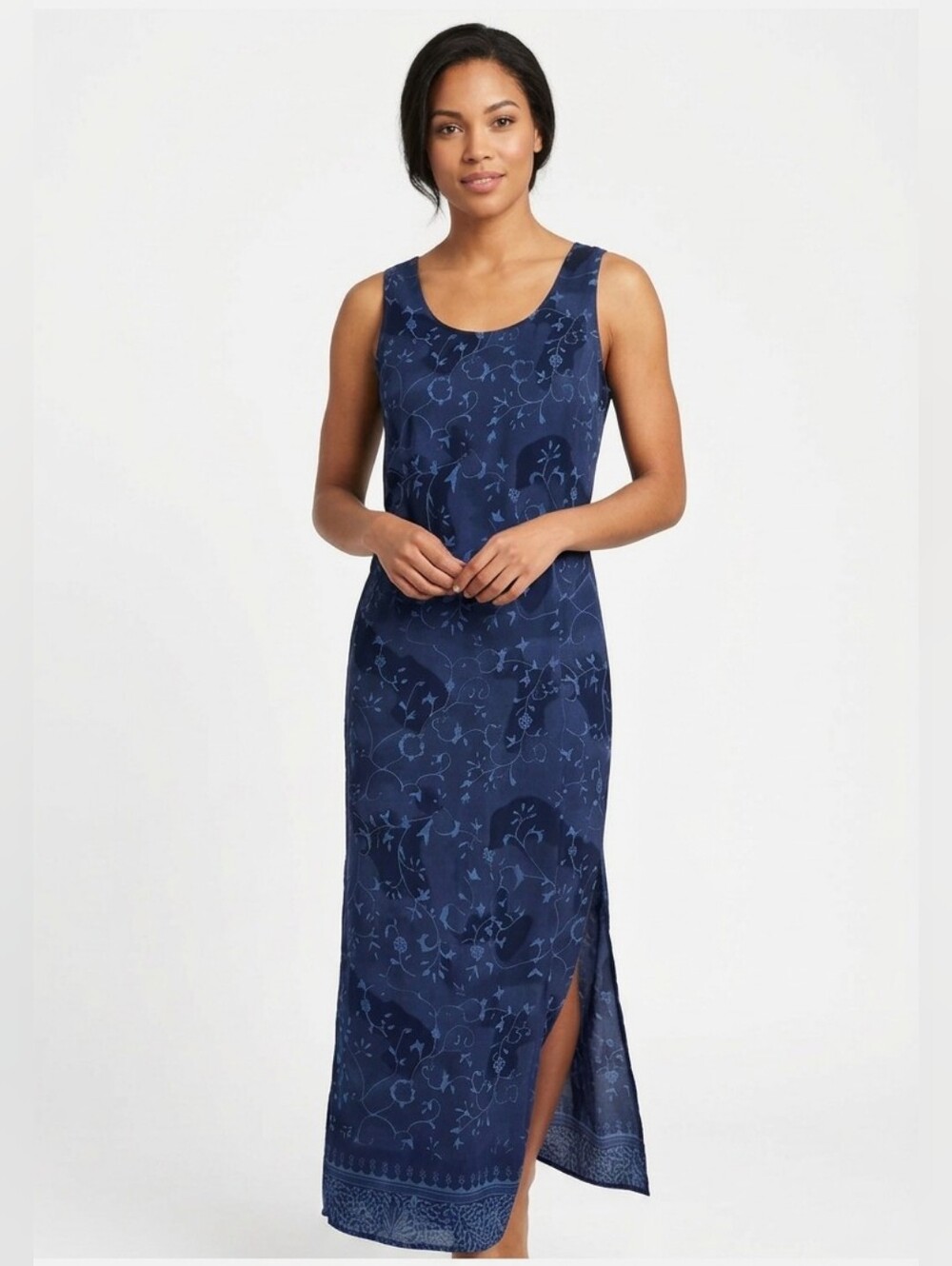 Blue floral maxi dress tie up belt side slit